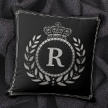 Royal Crown Laurel Wreath Black Silver Monogrammed Throw Pillow<br><div class="desc">Designed in black and faux silver,  this royalty-inspired design includes a geometric frame in classy Art Deco style with an elegant laurel wreath and crown motif. Your personalized monogram letter fills the center. Use the easy template to add your text.</div>