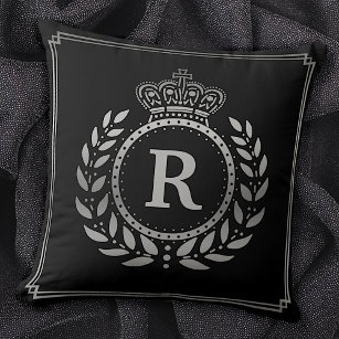 Royal Crown Laurel Wreath Black Silver Monogrammed Throw Pillow