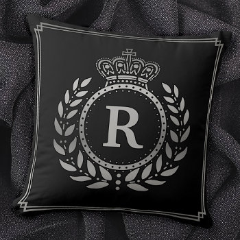 Royal Crown Laurel Wreath Black Silver Monogrammed Throw Pillow by FancyCelebration at Zazzle