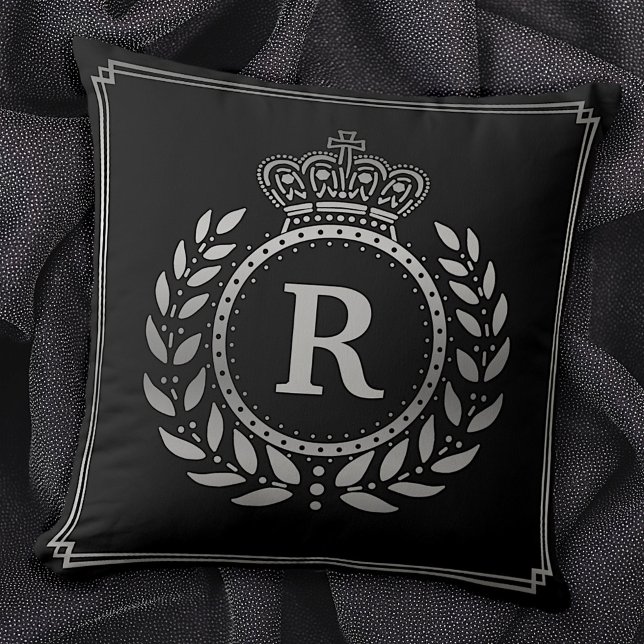 Royal Crown Laurel Wreath Black Silver Monogrammed Throw Pillow (Creator Uploaded)