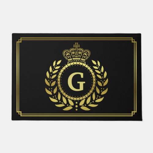 Royal Crown Laurel Wreath Monogrammed Black Gold Doormat