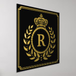 Royal Crown Laurel Wreath Monogrammed Black Gold Foil Prints<br><div class="desc">This royalty-inspired foil print design includes a geometric frame in classy Art Deco style with an elegant laurel wreath and crown motif. Your personalized monogram letter fills the center. Use the easy template to add your text. The background is black, and the rest of the design is printed in real...</div>
