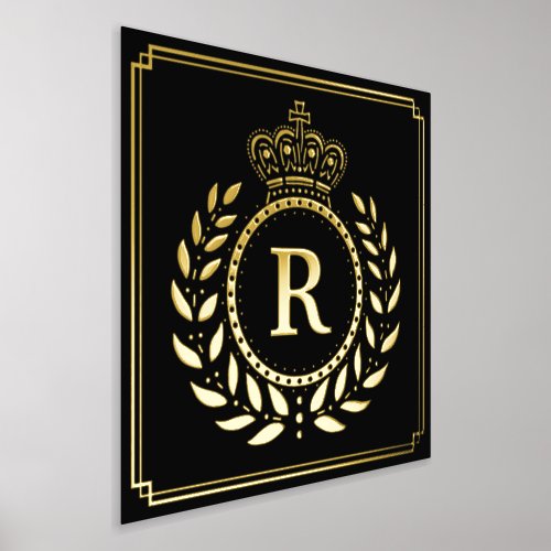 Royal Crown Laurel Wreath Monogrammed Black Gold Foil Prints