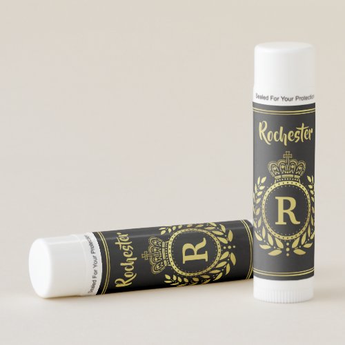 Royal Crown Laurel Wreath Monogrammed Black Gold Lip Balm