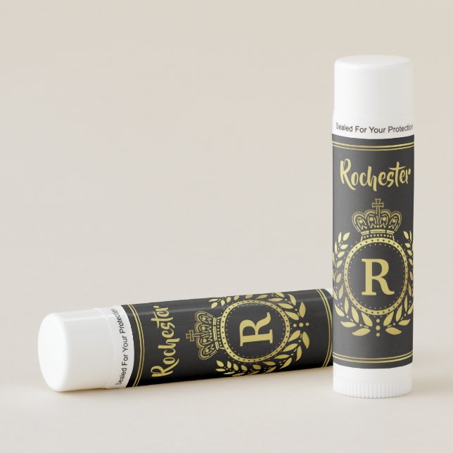 Royal Crown Laurel Wreath Monogrammed Black Gold Lip Balm (Front)