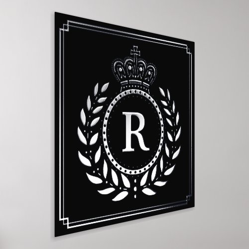 Royal Crown Laurel Wreath Monogrammed Black Silver Foil Prints