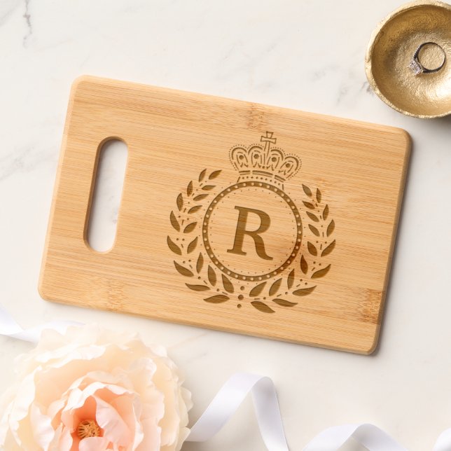 Royal Crown Laurel Wreath Personalized Monogram Engraved Cutting Board (Wedding)