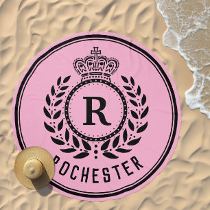 Royal Crown Laurel Wreath Pink Black Monogrammed Beach Towel
