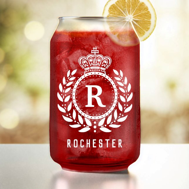 Royal Crown Laurel Wreath White Monogrammed Name Can Glass (Creator Uploaded)