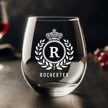 Royal Crown Laurel Wreath White Monogrammed Name Stemless Wine Glass by FancyCelebration at Zazzle