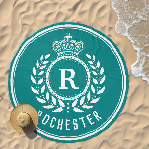 Royal Crown Laurel Wreath White Teal Monogrammed Beach Towel