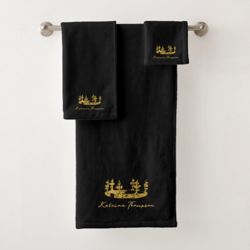 Royal Crown Luxury Black  Gold Monogram Bath Towel Set