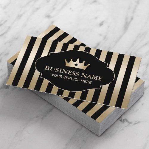 Royal Crown Modern Gold Stripes Luxury Black Business Card