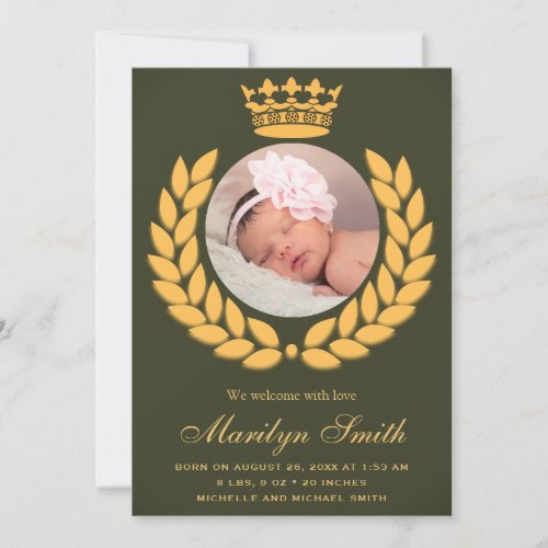 Royal Crown Olive Green Photo Birth Announcement