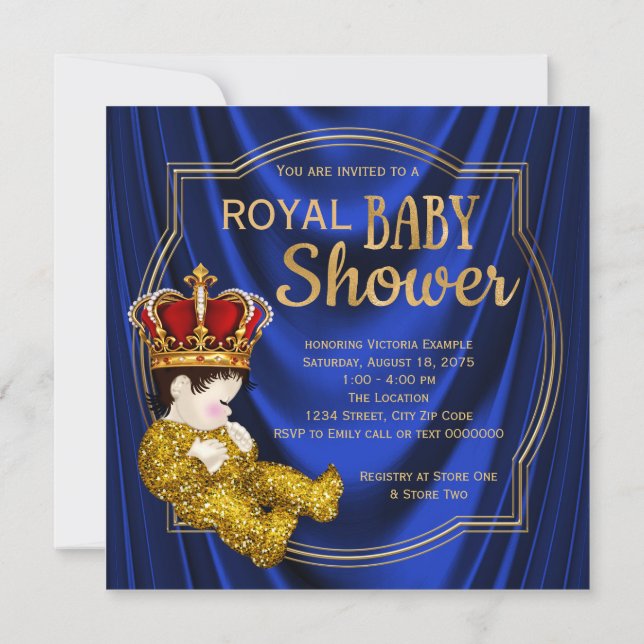 Royal Crown Prince Baby Shower Blue Gold Invitation (Back)
