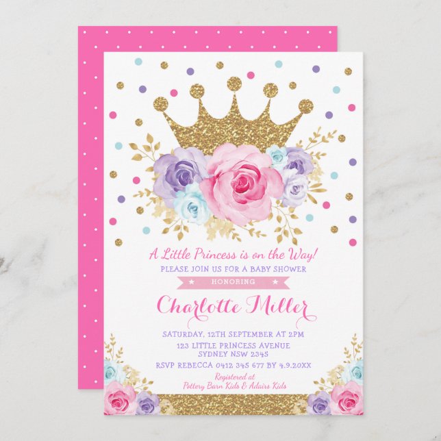 Royal Crown Princes Pink Purple Floral Baby Shower Invitation (Front/Back)