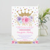 Royal Crown Princes Pink Purple Floral Baby Shower Invitation (Standing Front)