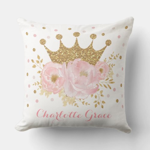 Royal Crown Princess Blush Pink Floral Baby Girl Throw Pillow