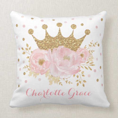 Royal Crown Princess Blush Pink Floral Baby Girl Throw Pillow