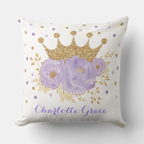 Royal Crown Princess Lavender Floral Baby Girl Throw Pillow
