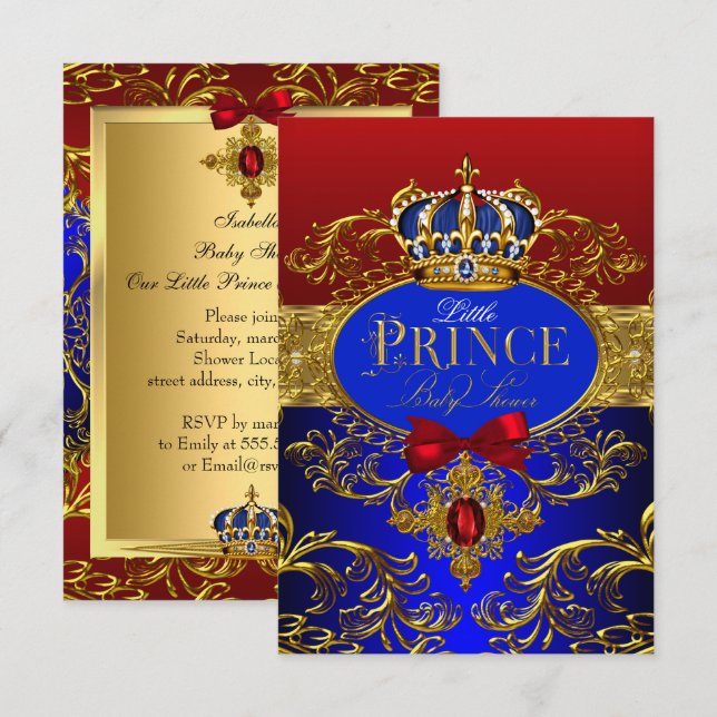 Royal Crown Red & Blue Little Prince Baby Shower Invitation (Front/Back)