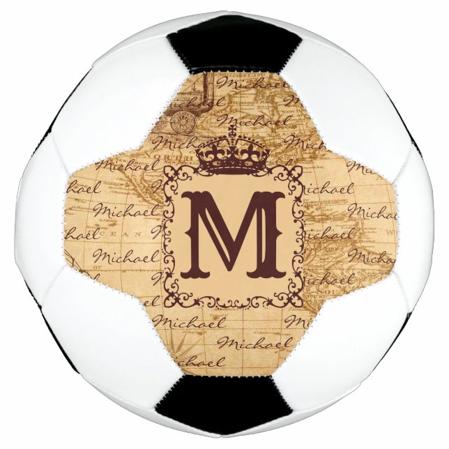 Royal Crown Vintage Name Pattern Beige Soccer Ball (Front)