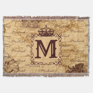 Royal Crown Vintage Name Pattern Beige Throw Blanket
