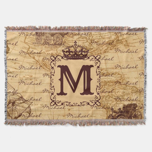 Royal Crown Vintage Name Pattern Beige Throw Blanket (Front)