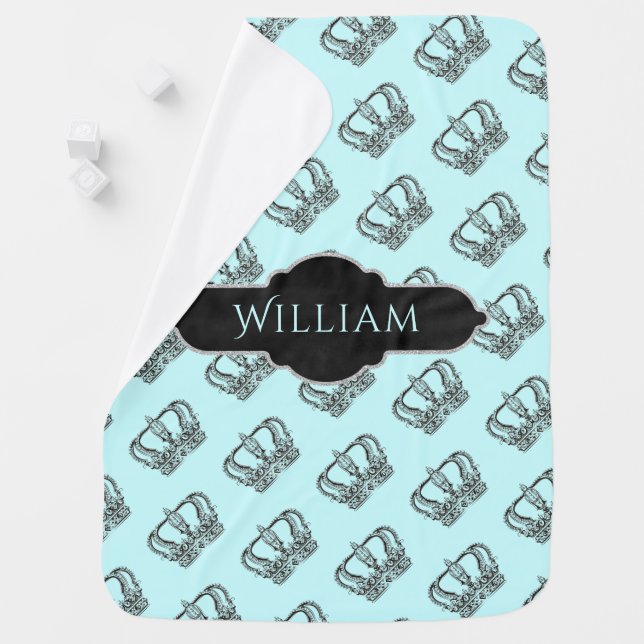Royal Crowns Personalized Baby Blue Nursery Baby Blanket (In Situ)
