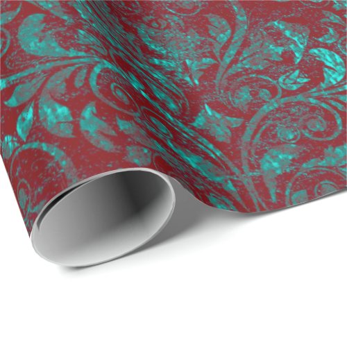 Royal Damask Crushed Velvet Burgundy Red Turquoise Wrapping Paper