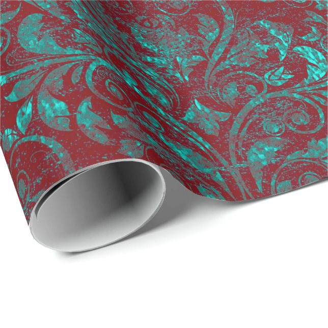 Royal Damask Crushed Velvet Burgundy Red Turquoise Wrapping Paper (Roll Corner)