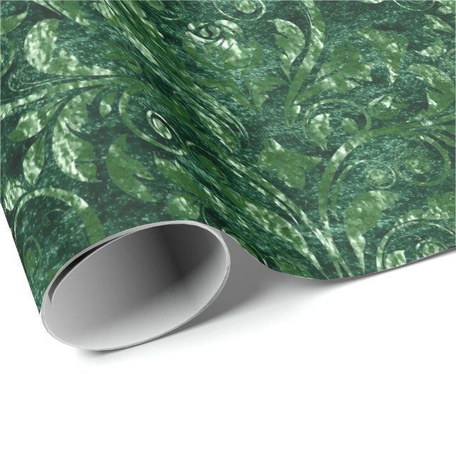 Royal Damask Crushed Velvet Woodland Emerald Green Wrapping Paper (Roll Corner)