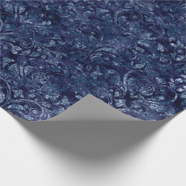 Royal Damask Crushed Velvetc Emerald Blue Navy Wrapping Paper (Corner)