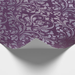 Royal Damask Distressed Purple Plum Floral Gray Gr Wrapping Paper