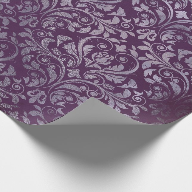 Royal Damask Distressed Purple Plum Floral Gray Gr Wrapping Paper (Corner)
