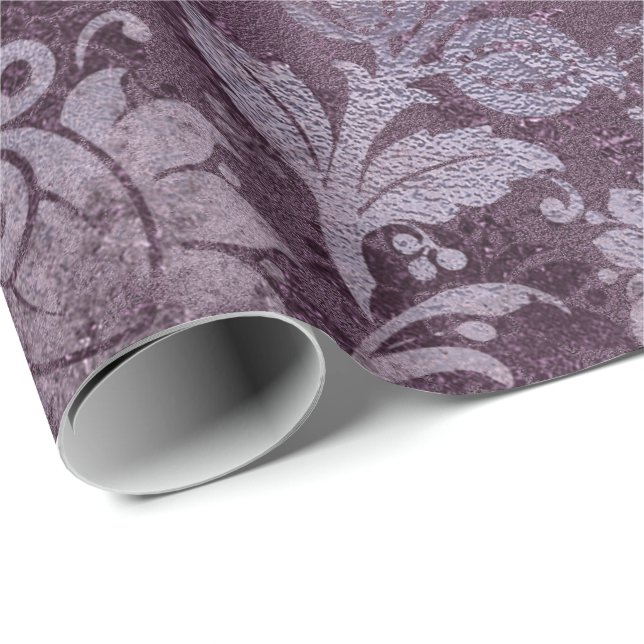 Royal Damask Distressed Purple Plum Floral Gray Wrapping Paper (Roll Corner)