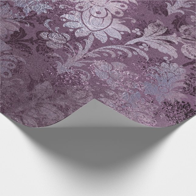 Royal Damask Distressed Purple Plum Floral Grey Wrapping Paper (Corner)