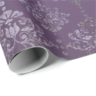 Royal Damask Distressed Purple Plum Floral Grey Wrapping Paper