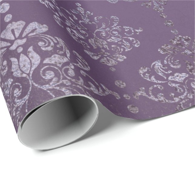 Royal Damask Distressed Purple Plum Floral Grey Wrapping Paper (Roll Corner)