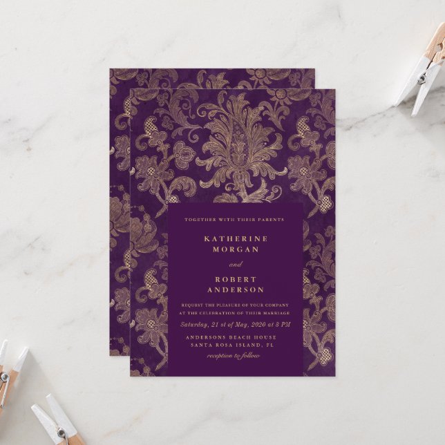 Royal Damask Elegant Purple Wedding Invitation (Front/Back In Situ)