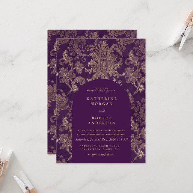 Royal Damask Elegant Purple Wedding Invitation (Front/Back In Situ)