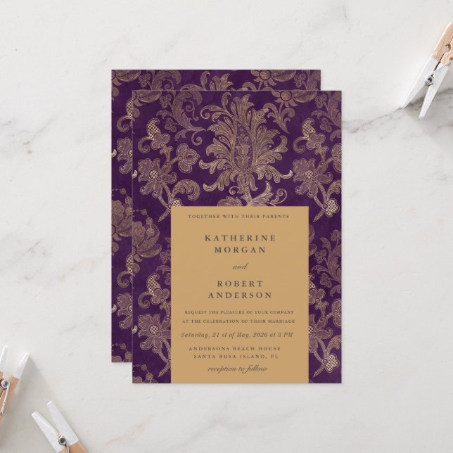 Royal Damask Gold Elegant Purple Wedding Invitation (Front/Back In Situ)