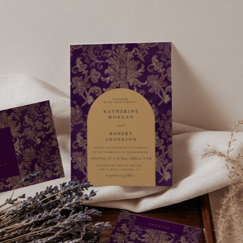 Royal Damask Gold Elegant Purple Wedding Invitation