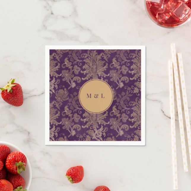 Royal Damask Gold Purple Monogram Paper  Napkins (Insitu)