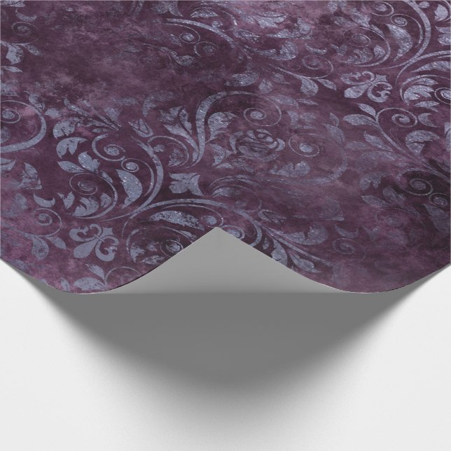 Royal Damask Grunge Purple Plum Floral Gray Blue Wrapping Paper (Corner)