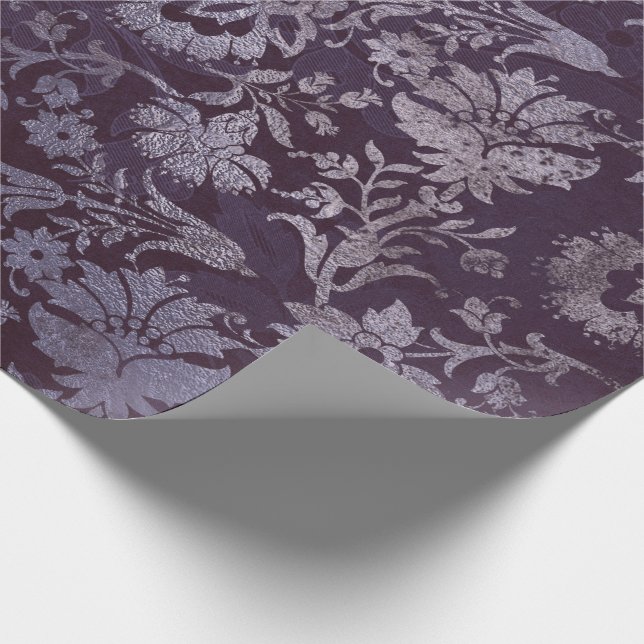 Royal Damask Grunge Purple Plum Floral Gray Blue Wrapping Paper (Corner)