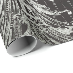 Royal Damask Metal Floral Drops Black Silver Gray Wrapping Paper
