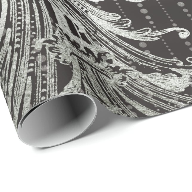 Royal Damask Metal Floral Drops Black Silver Gray Wrapping Paper (Roll Corner)