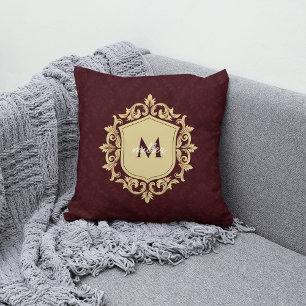 Royal Damask Ornate Crest Monogrammed Family Name Throw Pillow