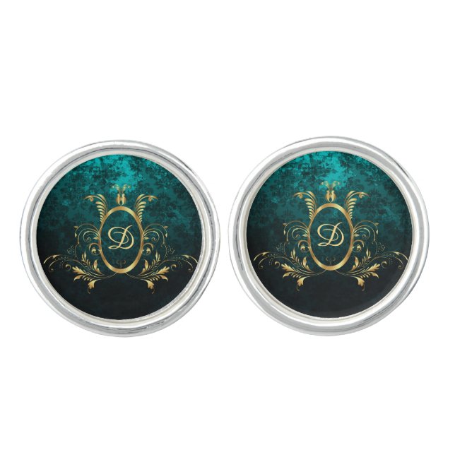 Royal Damask Personalized Turquoise Cufflinks (Front)